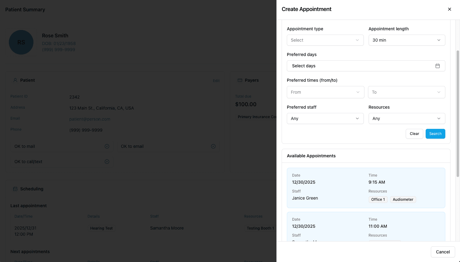 Recommended appointment options